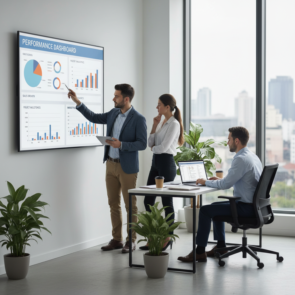 une image symbolisant le suivi des résultats, de préférence dans un bureau normalisé, ambiance professionnelle mais pas trop formelle, avec des personnes consultant des graphiques ou des données sur un ordinateur